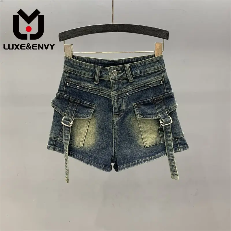 

LUXE&ENVY Spicy Girls Denim Shorts Women's New High Waist Slim Fit Pants Workwear 2023 Autumn