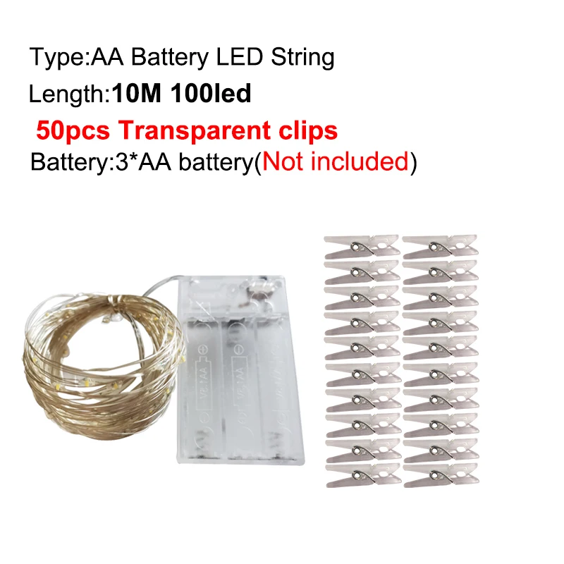 Guirnalda de luces LED con clip para fotos, funciona con USB, funciona con pilas, lámpara de hadas, decoración navideña, fiesta, boda, iluminación navideña