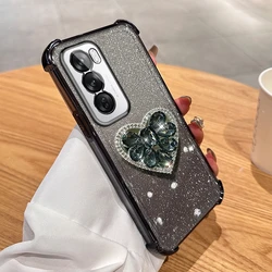 Diamond Heart Stand Four-Corner Anti-Shock Plating Case Cover for Reno11 F (BSAXZJ Black)
