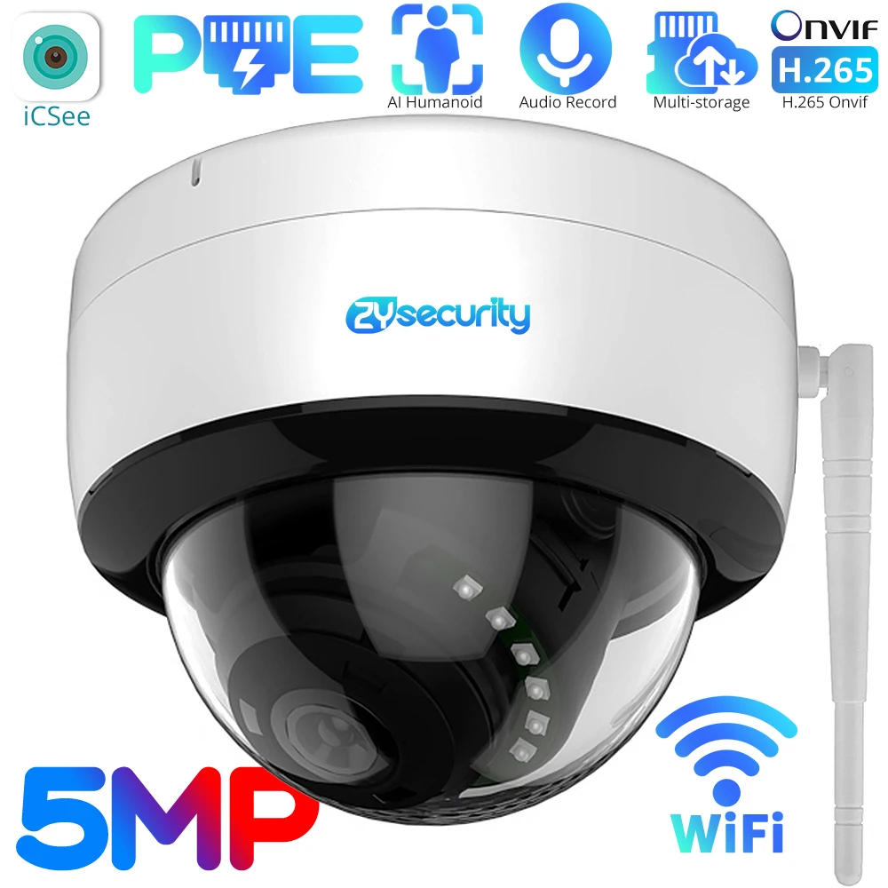 

5MP WiFi PoE Dome IP Camera Indoor H.265 AI Humanoid Detection TF Card Cloud Audio Wired CCTV Video Surveillance Camera with LAN