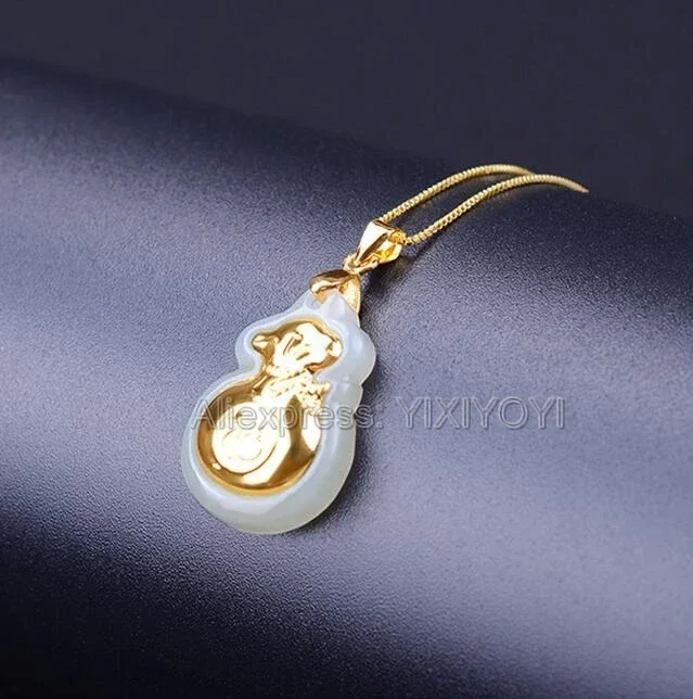 Pendant Necklace Natural White Hetian Jade 18K Gold Inlaid Money Bag