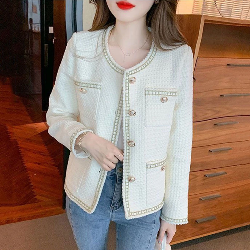

Spring Autumn Chic Tweed Woolen Jacket Women 2023New Elegant Single Breasted Long Sleeve Coat Female Casual Outerwear Lady Tops