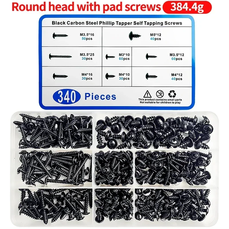 

340PCS PWA Cross Self-Tapping Black Screw M3 M3.5 M4 M4.8 Carbon Steel Round Pan Head Tapping Screw with Washer Assortment Kit