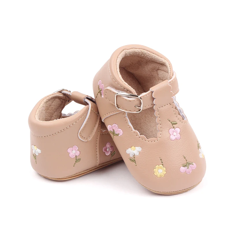 Embroidery Flower Baby Girls Shoes Premium Flats Rubber Sole Anti-slip Toddler Infant First Walkers PU Leather Crib Shoe 5