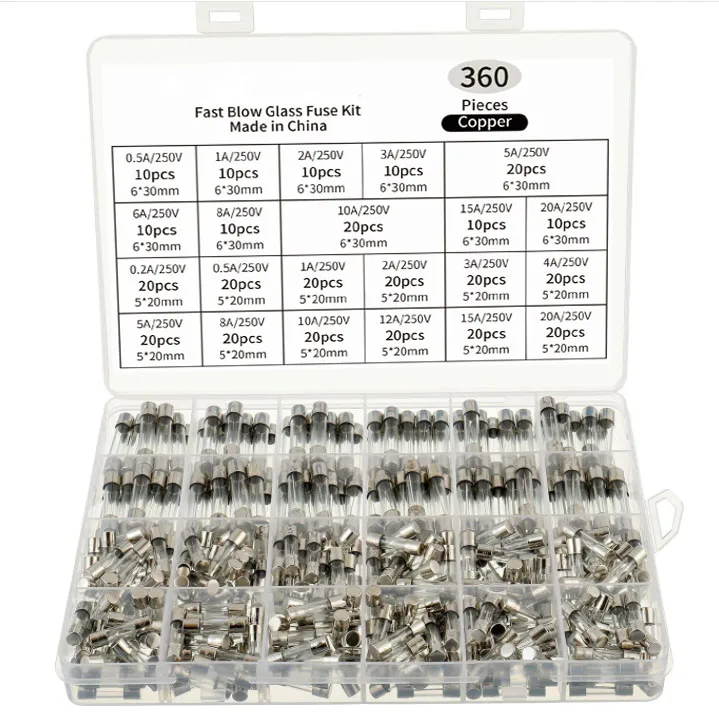 

360pcs 5*20,6*30mm Glass Tube Fuse Combination Fast Melting Glass Tube Fuse Combination Kit Fast Melting Glass Fuse