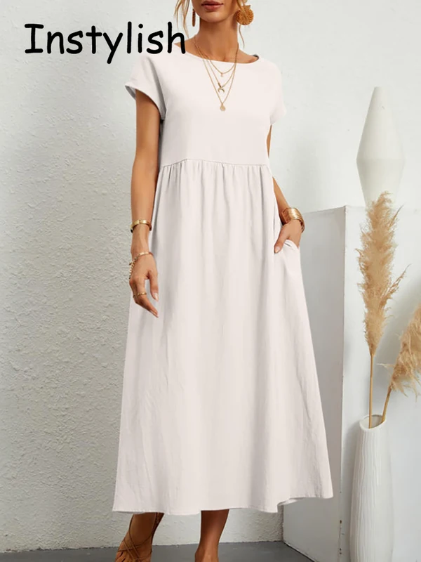 Women Elegant Solid Maxi Dress Summer Short Sleeve O Neck