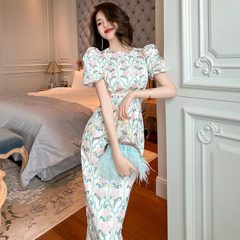 

2024 Summer Temperament Round Neck Bubble Sleeves Printed Waist Wrapped Formal Dress 10427