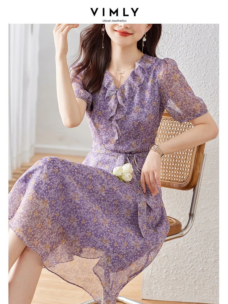 

Vimly Elegant French Ruffled Collar Floral Dress for Women 2023 Summer Short Sleeve Waistband Vintage Printing Midi Summer Dress