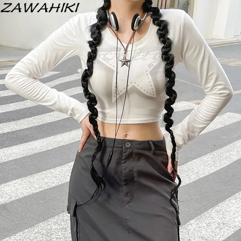 

Женская Винтажная футболка с принтом в виде звезд, V-образным вырезом и длинным рукавом