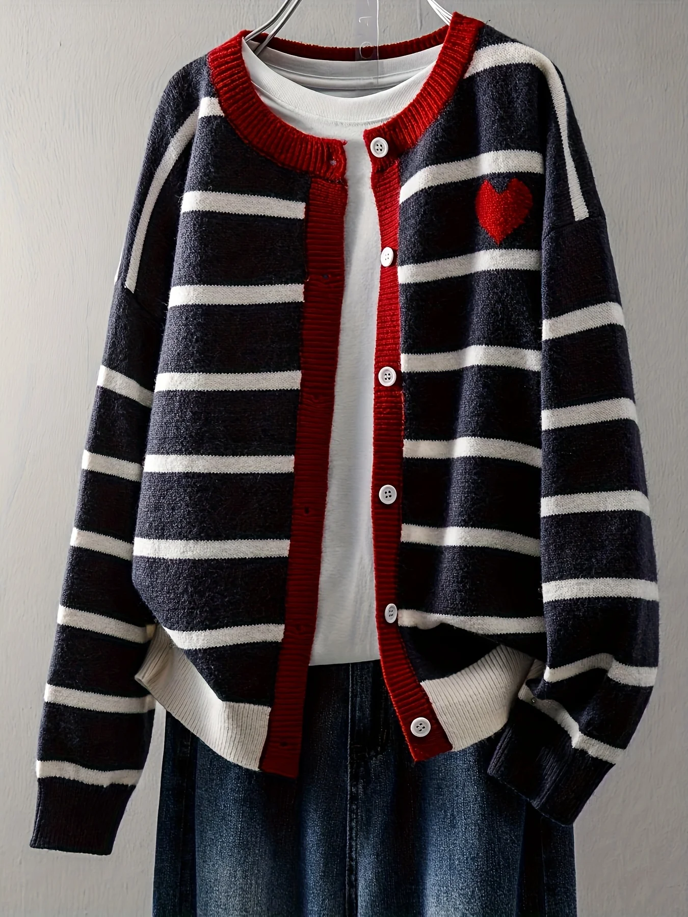 Women's Striped Button Front Cardigan, Cute Heart Pattern Knit Coat, Casual Fashion Outwear