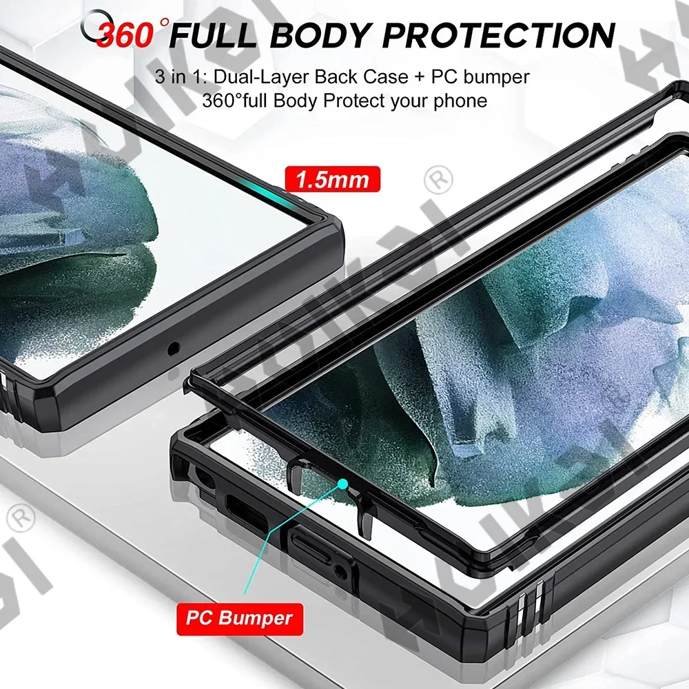 Custodia per Samsung S24 S23 Ultra S22 S21 S20 FE Note 20 Plus A54 A53 A33 A15 5G Heavy Duty con fotocamera copertura per cavalletto a 360 gradi