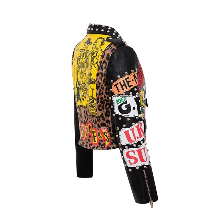 Motorcycle Cropped Leather Jacket Women 2024 Trend Punk Style Streetwear Graffiti Print Contrast Faux Leather Studded Jacket
