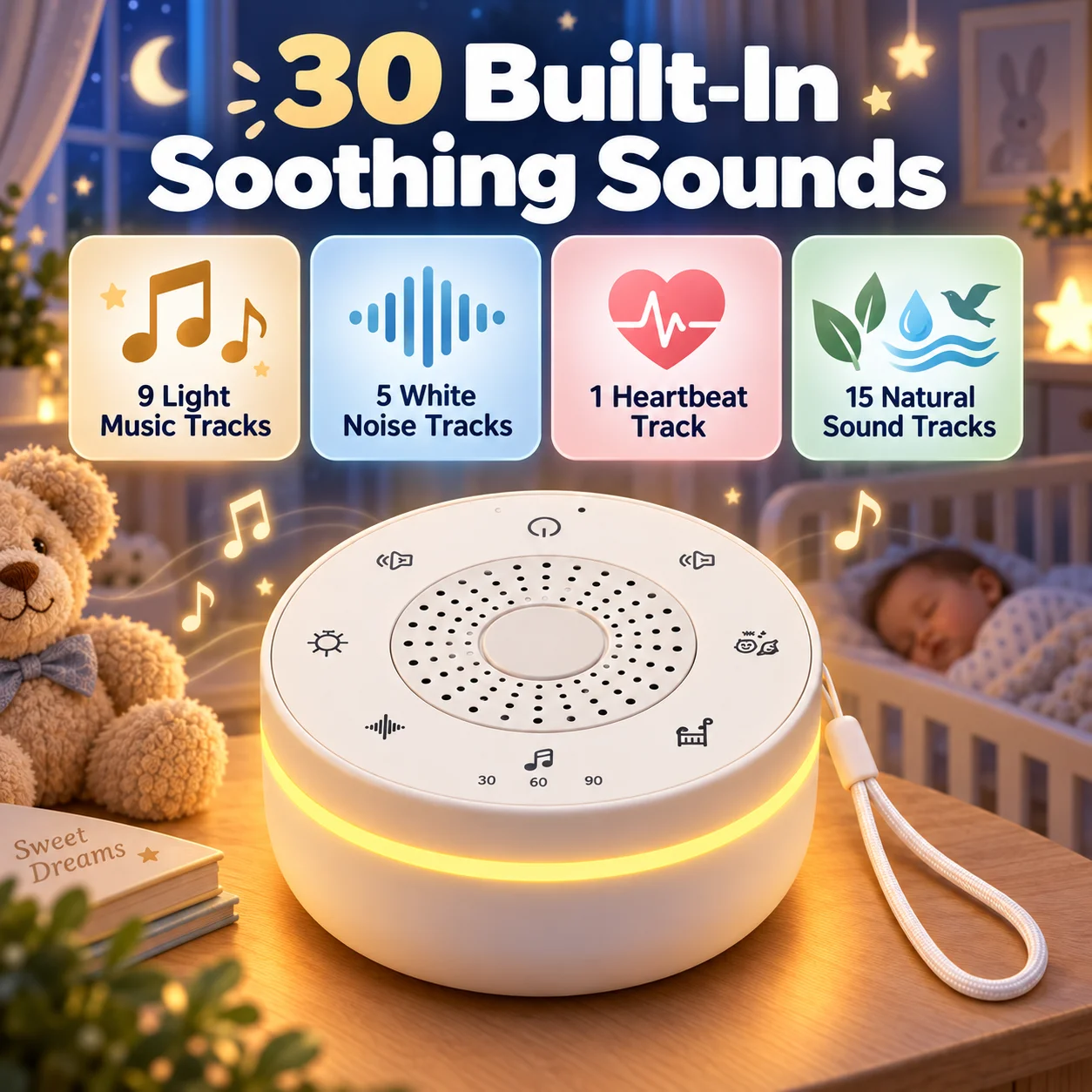 Portable White Noise Sleep Soother with Night Light - 30 Calming Sounds, Rechargeable, Timer & Child Lock Features