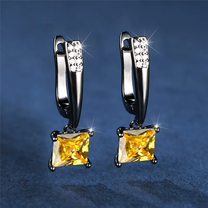 Cute Female Geometric Crystal White Zircon Stone Hoop Earrings Champagne Black Gold Color Wedding Jewelry For Women