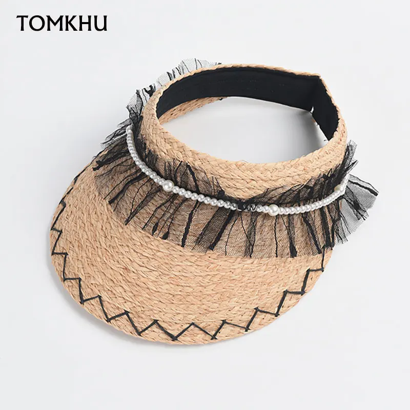 

New Korean Pearl Black Lace Raffia Straw Hats For Women Summer Wide Brim Out Going Beach Handmade Sun Visor Caps Luxury Hats