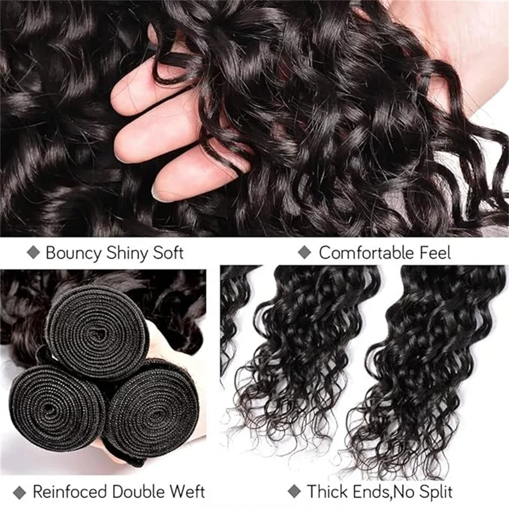 BAFU Brazilian Water Wave Human Hair Bundles With Closure 3 Bundles With 4X4 Lace Closure Natural Color For Black Women