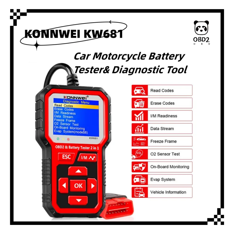 

KONNWEI KW681 Car Motorcycle Battery Tester&Auto OBD2 Scanner 2in1 Car Battery Tester OBDII Diagnostic Tool