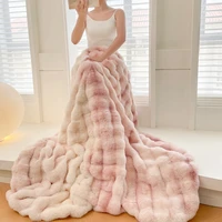 Couverture de luxe en fausse fourrure de lapin Double couche, épaisse et chaude, moelleuse, pour canapé, teinture par nouage, couverture de lit en peluche douce, hiver 3
