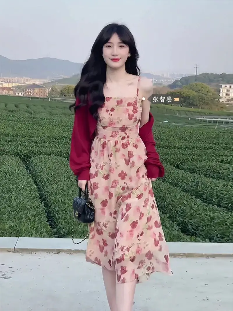 

Red floral dress female spring and summer 2023 Korean version of the gentle retro dress A-word dress with suspenders women dress