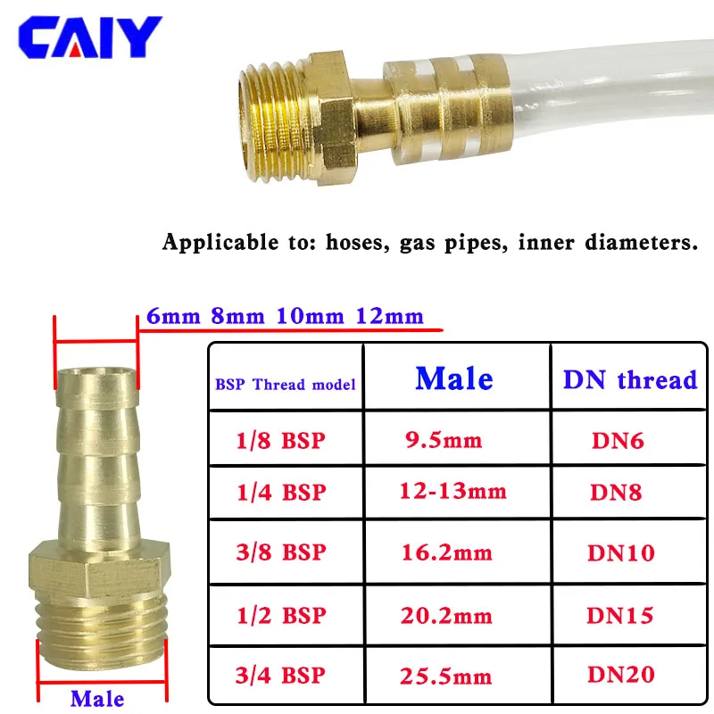 Pipe Fitting Brass Hose Connector 6 8 10 12 14mm Barb Tail 1/8&ldquo;1/4&rdquo;3/8&ldquo;1/2&rdquo; BSP Male Thread