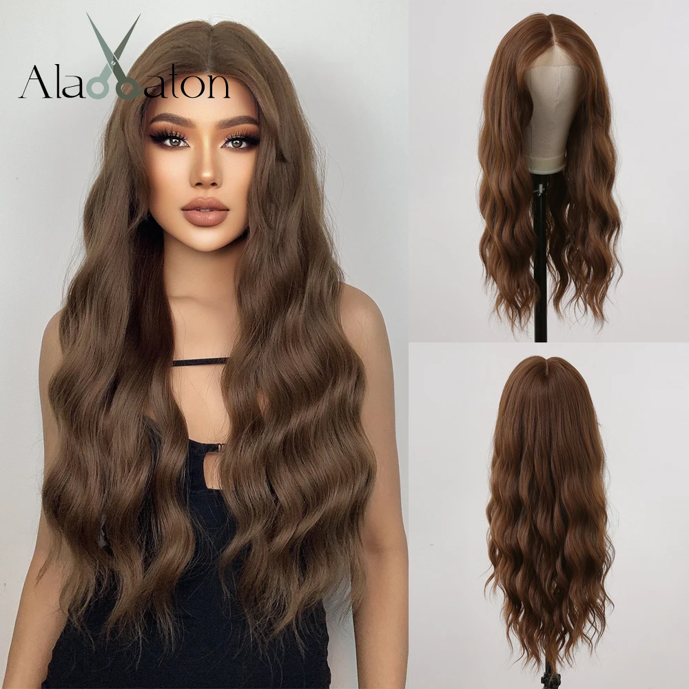 

ALAN EATON Long Wavy Brown Synthetic Lace Front Wigs Middle Parting 13x1 Lace Part Wigs for Women Water Wave Hair Heat Resistant
