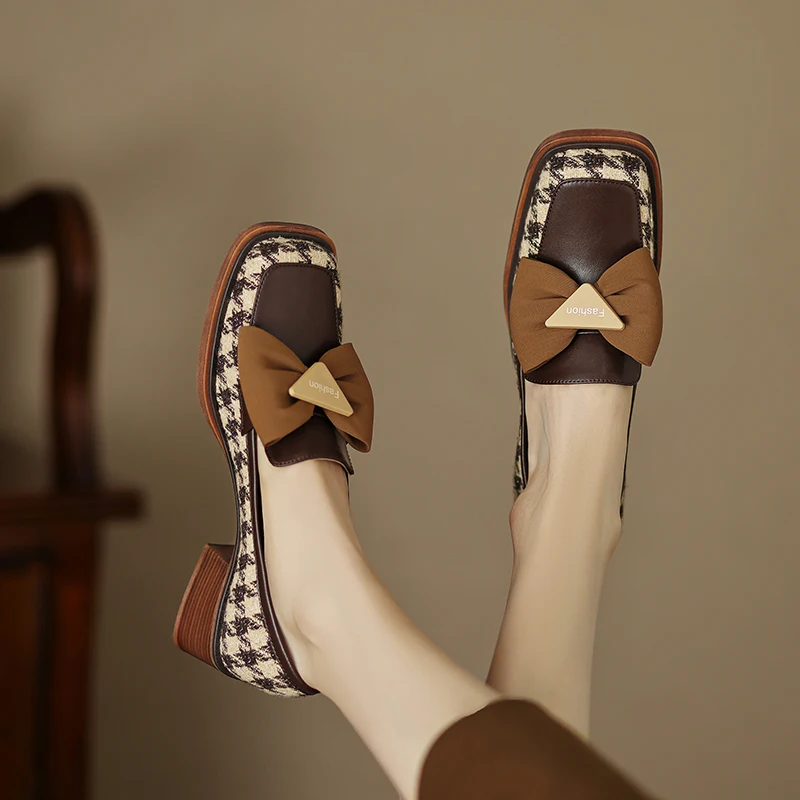 

2023 new spring women pumps natural leather 22-24.5cm length cowhide+Woolen cloth+pigskin shoes of women Bowknot loafer Shoes