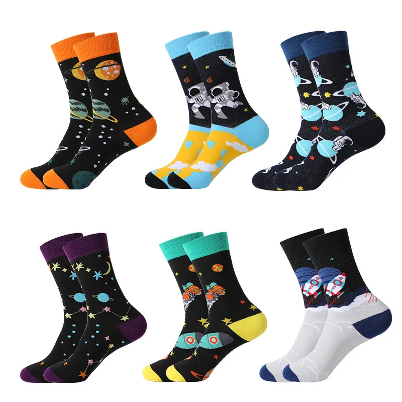 

2pairs/lots Harajuku Skateboard Socks Happy Rocket Astronaut Starry Sky Hip Hop Casual Astronaut Funny Printing Socks New
