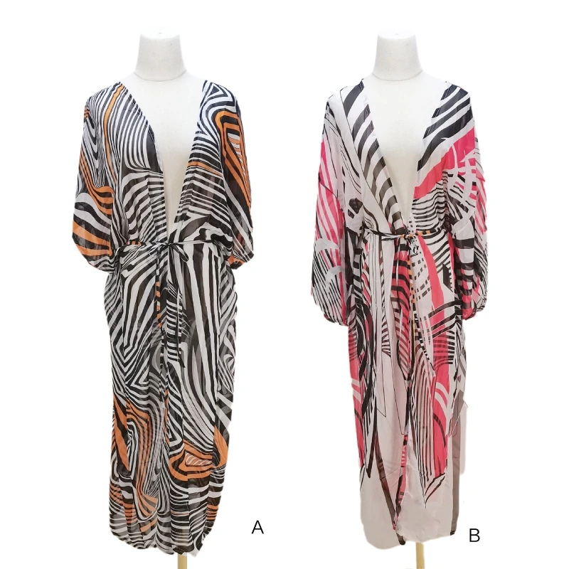 

Women Summer Flare Long Sleeve Kimono Cardigan Contrast Color Zebra Striped Print Chiffon Blouse Belted Bikini Cover Up M6CD