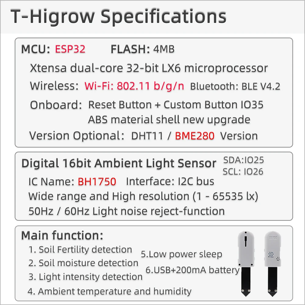 ® T-Higrow ESP32 Soil Tester DHT11 BEM280 Garden Flowers Temperature Moisture Se