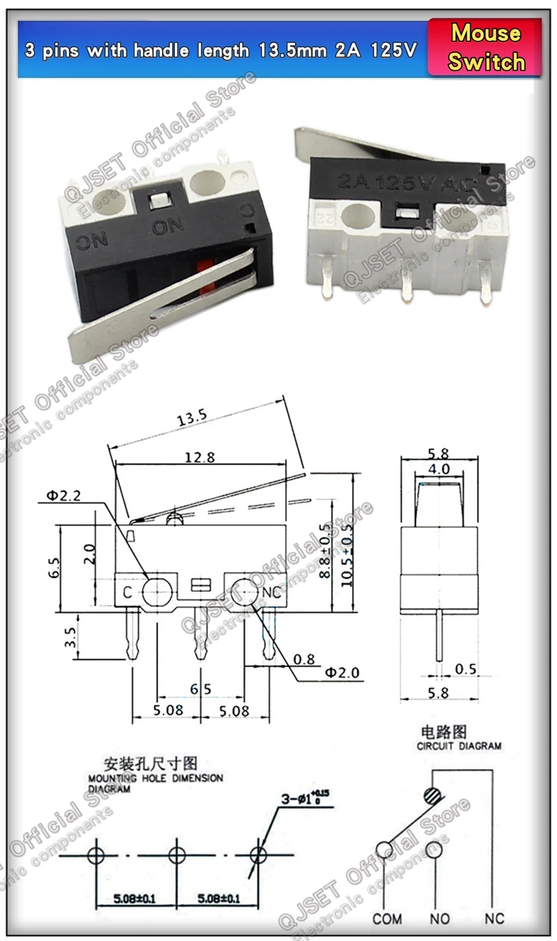 10Pcs Micro Endschalter Momentary Push Button Schalter 1A 2A125V AC Maus Schalter 3Pins Lange Griff Roller Hebel arm SPDT 12X6X6mm – Detail 5