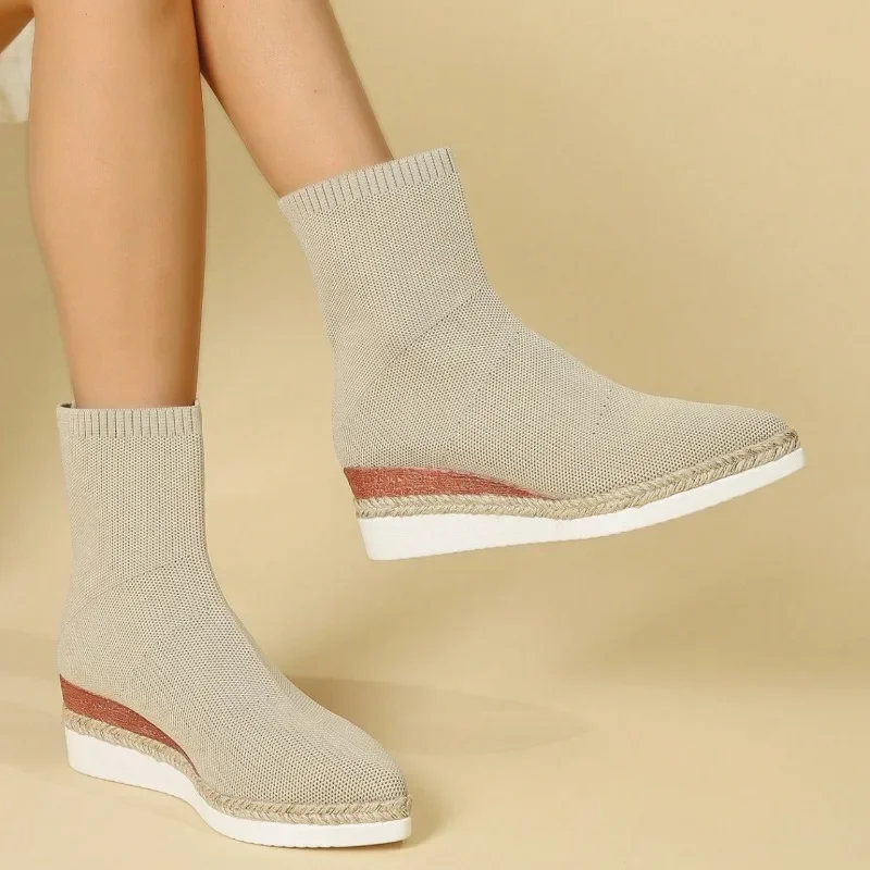 Wedge Sock Boots Fall 2025 New Pointed Toe Knit Breathable Platform Non-Slip Wear-Resistant Stretch Boots