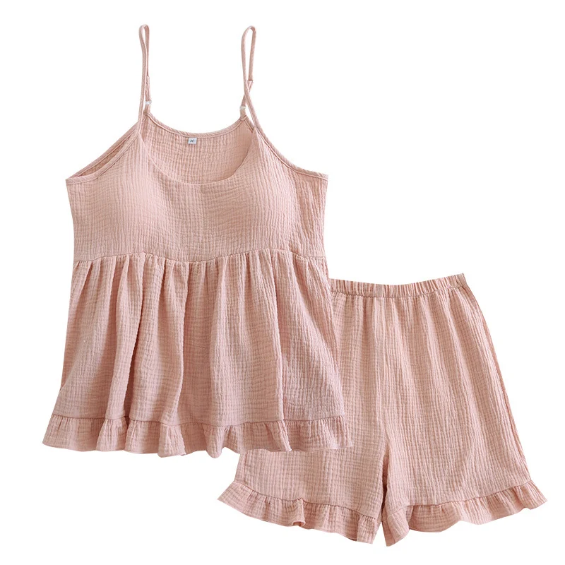 Women Casual Loose Pajamas Sexy Suspender Tops With Chest Pad Shorts Thin Home Clothing Set Summer New Solid Female Sleepwear