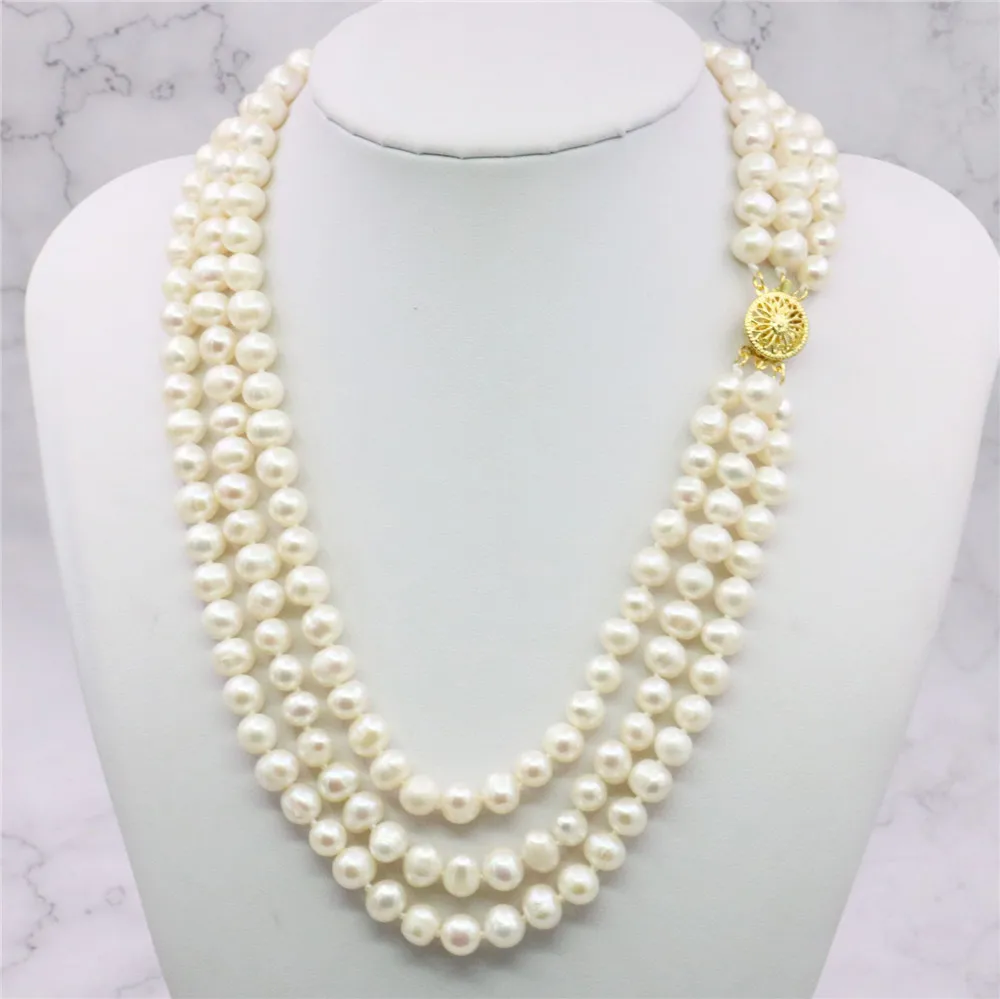 

3 Rows 7-8mm White Akoya Cultured Pearls Necklace Fashion Jewelry Making Design Hand Made Ornament Mother's Day gifts 17-21inch