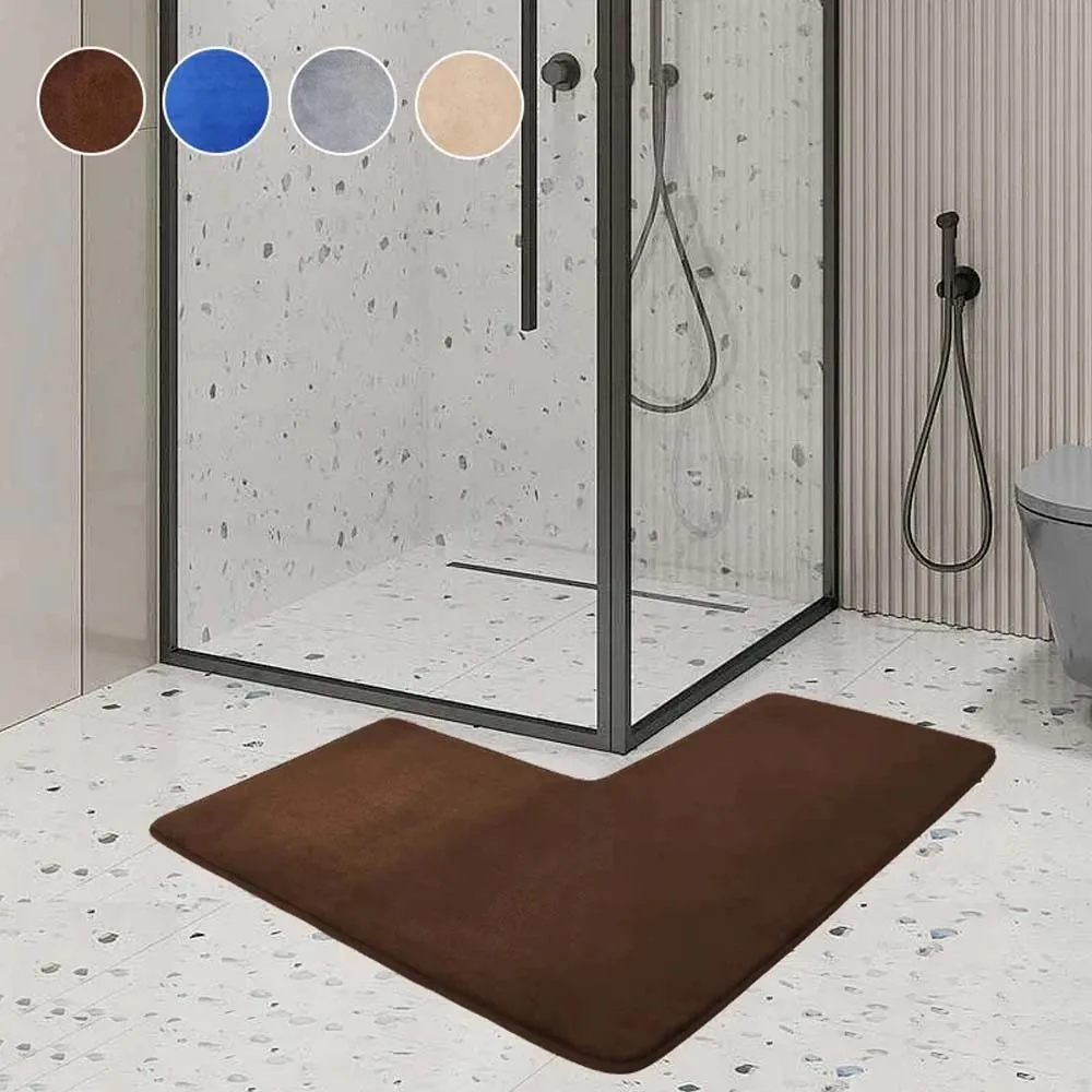 L-Shaped Bath Mat Bathroom Floor Rug Water Absorbent Soft Bath Rugs Non Slip Corner Shower Mat Washable Carpet for Square Shower
