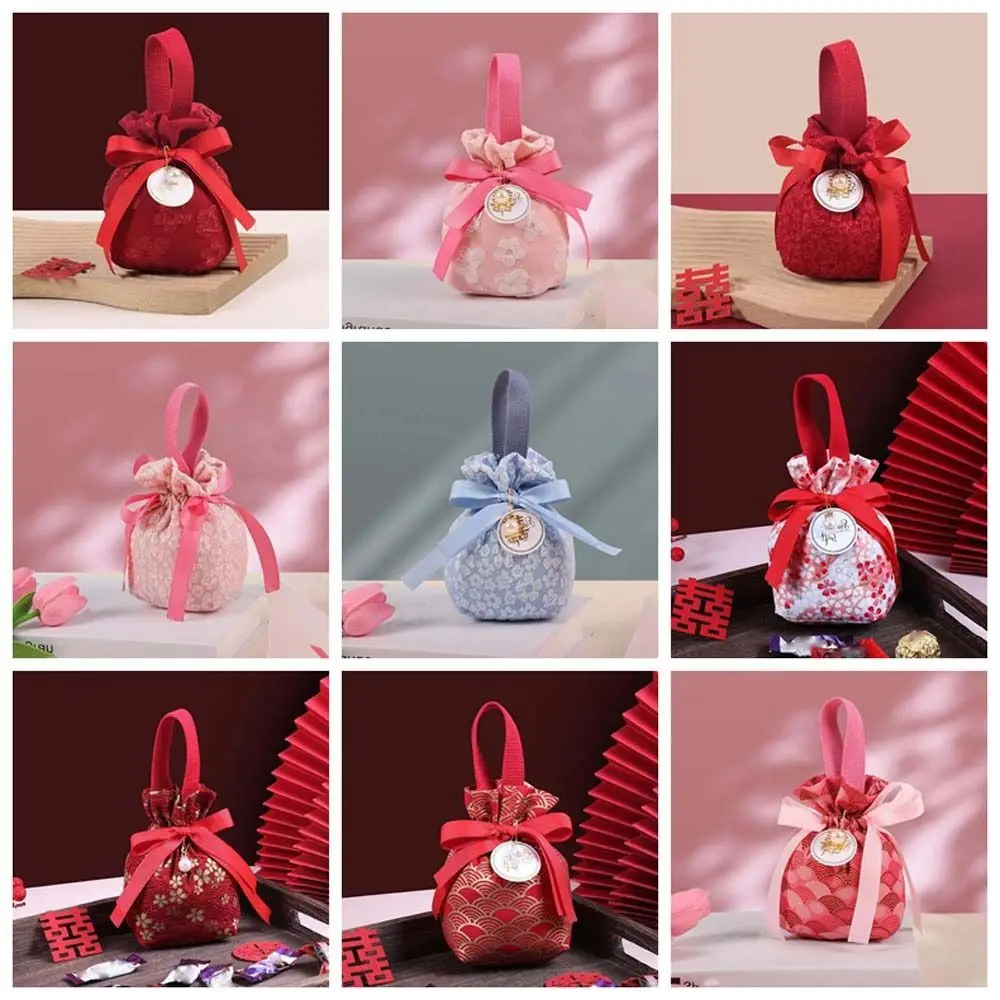 

Sakura Canvas Floral Drawstring Bag Pearl Pendant Stripe Festive Sugar Bag Jewerly Packing Bag Bucket Bag Bowknot Handbag