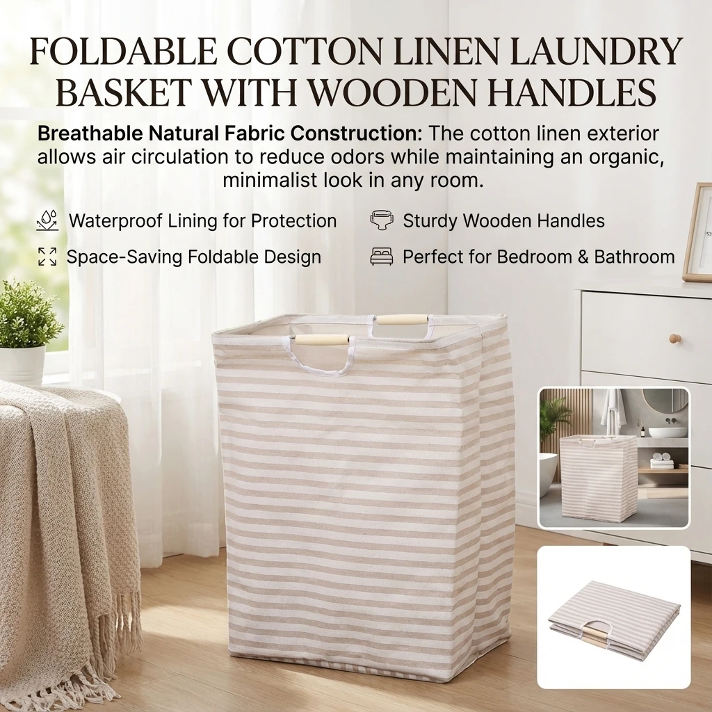 Foldable Cotton Linen Laundry Basket with Handles for Home Storage and Organization