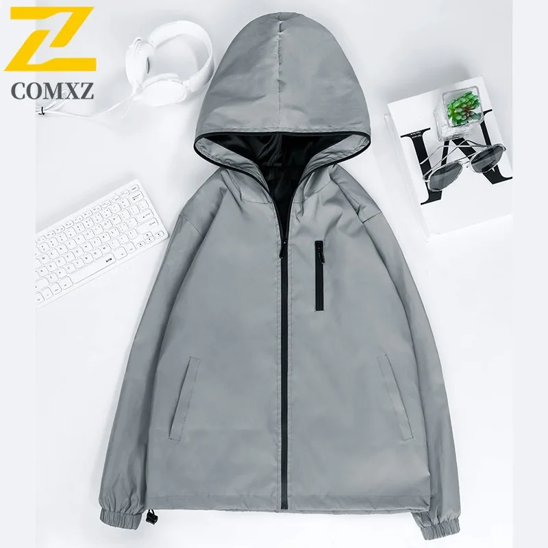 EIAO Men's Reflective Hooded Windbreaker Waterproof  Zip-Up Outdoor Coat for Hiking Camping Fishing Trendy Streetwear Jackets
