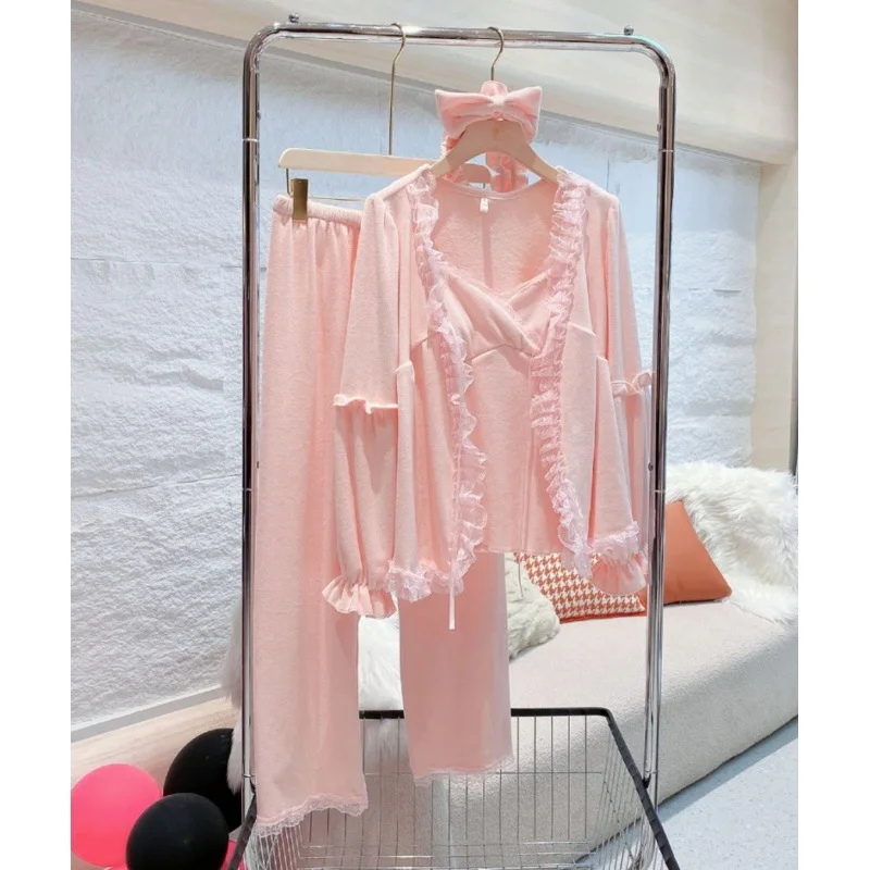 Spring and Autumn New Island Velvet Double sided Super Soft Sleepwear Three Piece Set with Pure Desire Wind Belt Chest Pads