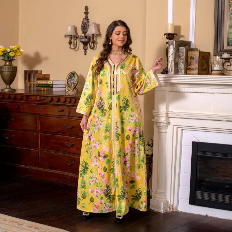 Abaya Robe New Printed Rhinestones Dress Middle East Spring and Summer Muslim Dress Women Evening Dresses abaya femme