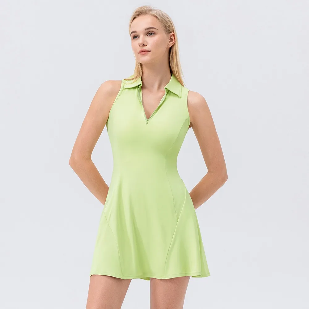 Plus Size S-XXL Polo Tennis Dress With Zipper&Shorts Clashing Color Golf Badminton Dress Casual Quick-Dry Stretchy Workout Skirt