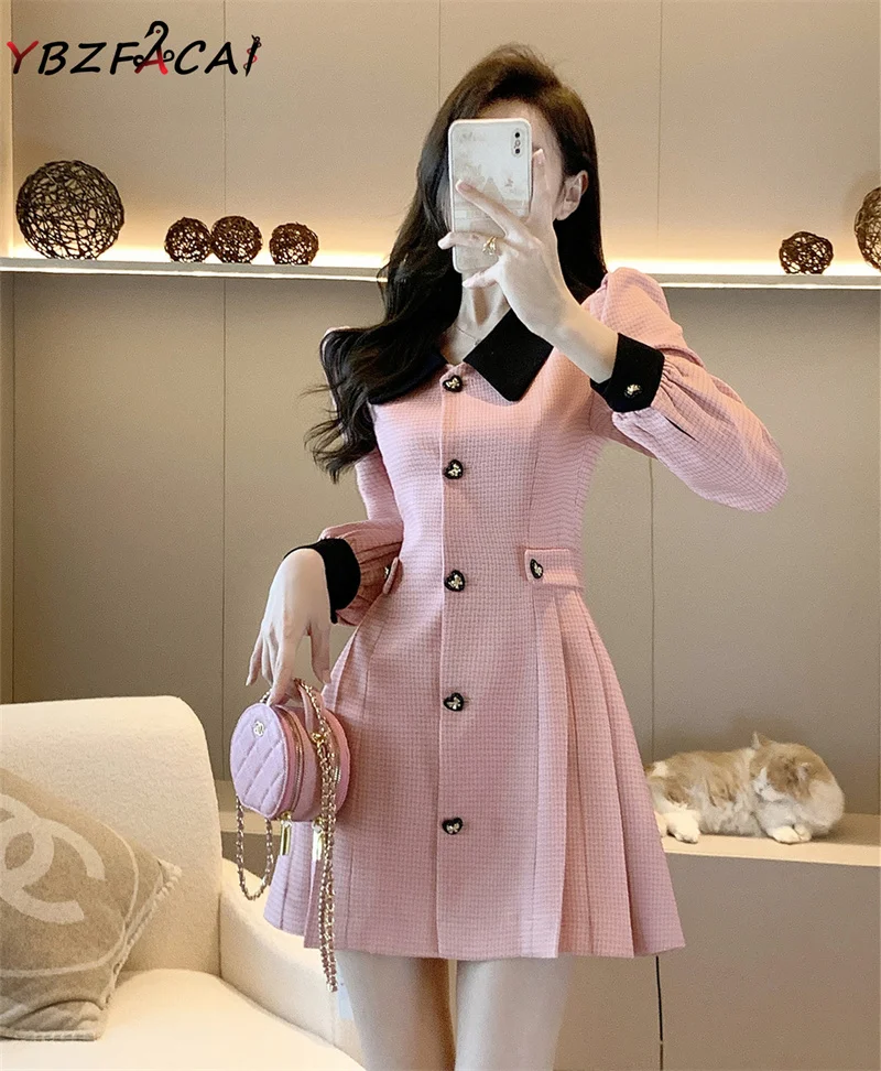 Pink Tweed Dress Women Elegant Luxury 2023 Spring Fall Long