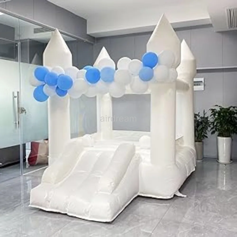 Free ship 6FTx8FT White Bounce House with Slide Air Blower jumping Family Backyard Bouncy Castle for Kids With Blower