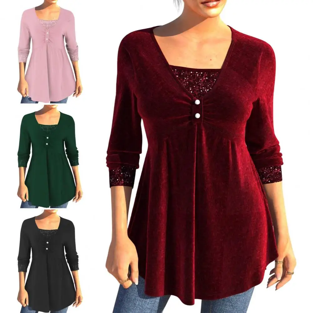 

Long Sleeve Top Sequin Patchwork Square Neck Women's Blouse with A-line Hem Bead Decor Soft Stretchy Women Top