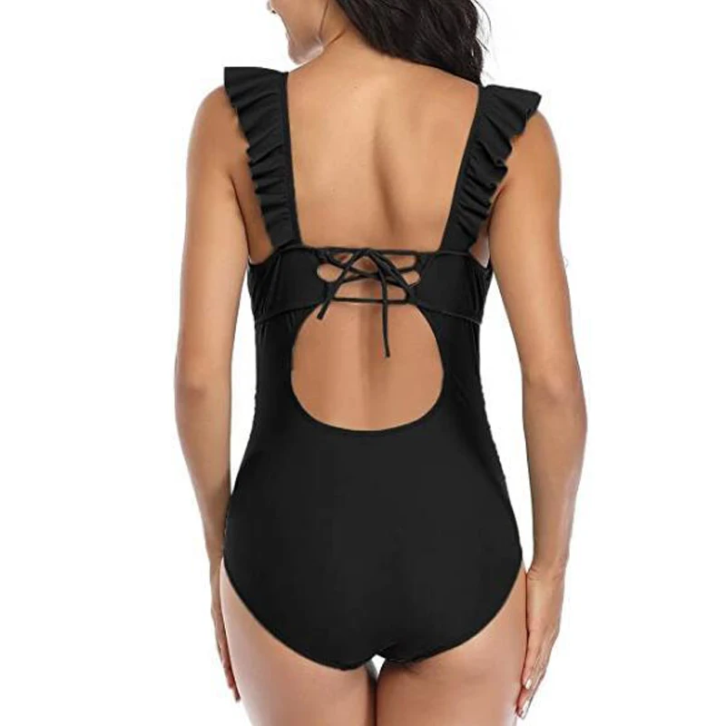 Maternity Swimsuit One Piece Ruffle V Neck Swimwear Lace Up Back Bathing Suit Monokini Maternity Beach Bikini SPA