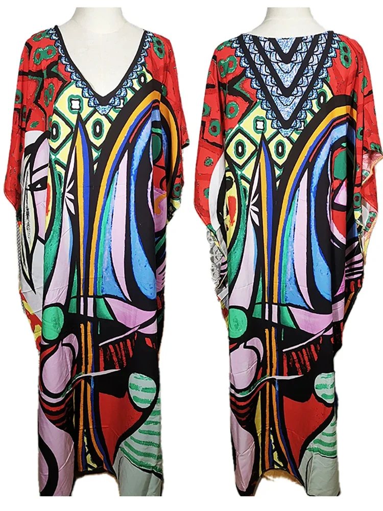 Loose Boho Style Maxi Dress Print Face Swim Suit Cover-up Bohemian Dress Robe Plage Kaftan Maxi Beach Wear Tunics