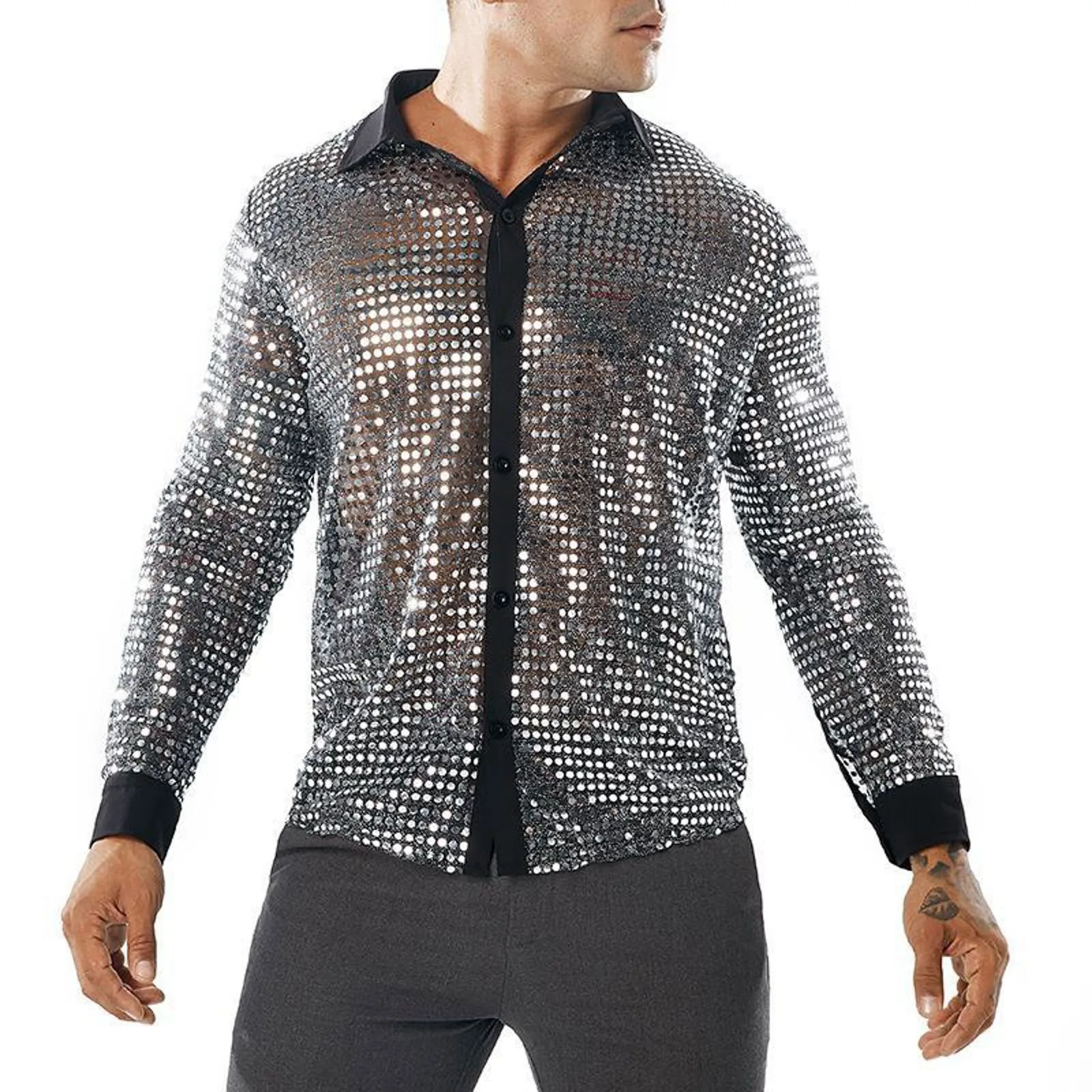 Mens Long Sleeved Performance Wear Sequin Shirt Long Sleeved Lapel 70s Disco Party Wear Trend Long Sleeved Harajuku Streetwear 3