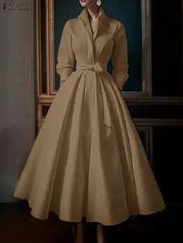 ZANZEA Fashion Women Lapel Neck Long Sleeve Party Dress 2026 Spring Office OL Dresses Belted Robe Solid A Line Waisted Sundress 3