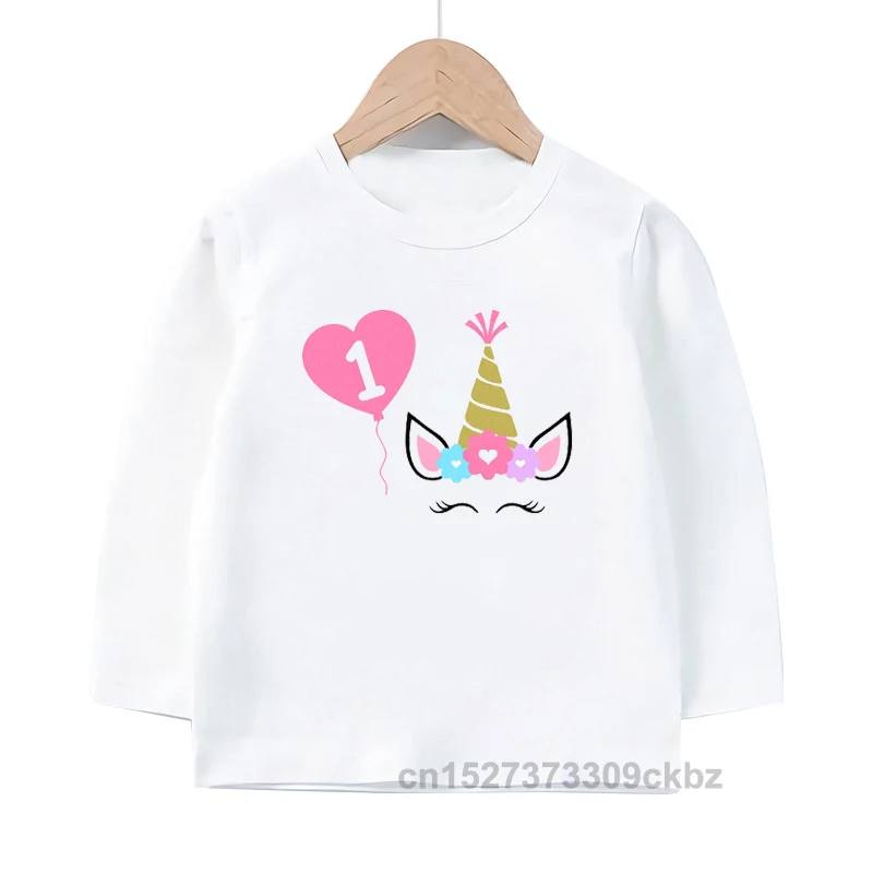 

Kids 1-10th Birthday Numbers Long-sleeved Shirt Girls Unicorn With Heart Balloon Printed Clothes Cute Tops For Children