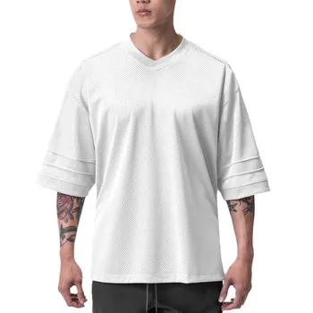 Plain Gym Sports Mens Bodybuilding Oversized Mesh Dropped Shoulders Fitness Workout Sports Half Sleeve T-shirt 1