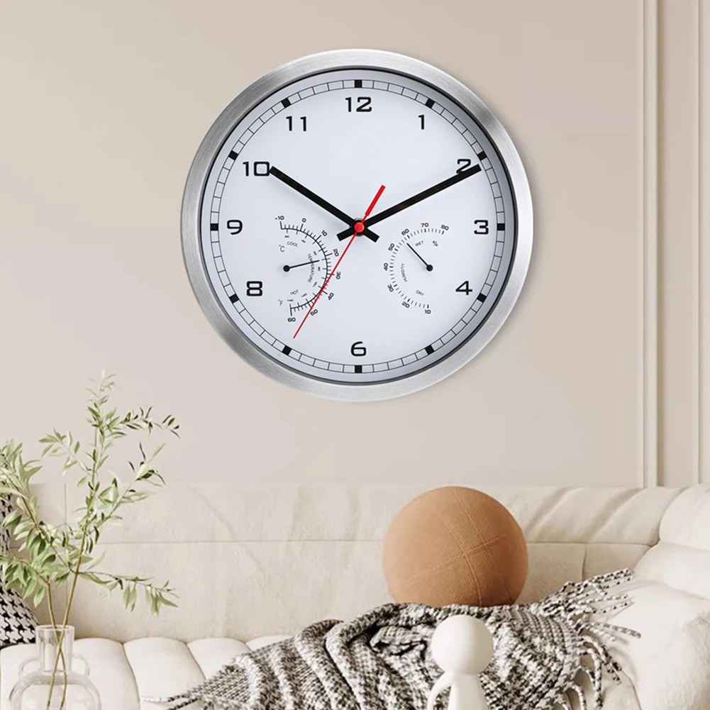 Battery Operated Wall Clock with Silent Movement and Temperature Humidity Display 10 Inch Aluminum Frame Design